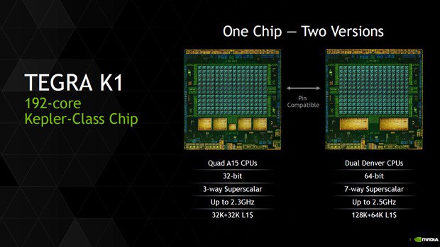 Zwei Kerne, 64-Bit: Im Vergleich zur 32-Bit-Version setzt der neue Tegra K1 auf nur zwei Rechenkerne, die dennoch mehr Leistung als die Konkurrenz bieten sollen.