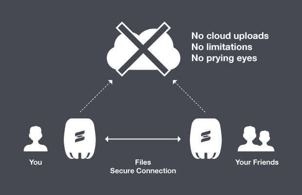 Private Cloud: Im Gegensatz zu öffentlichen Clouds sind Sherlyboxen private Server, die untereinander kommunizieren können. Sie laden daher keine Nutzerinhalte ins Internet hoch sondern stellen die Daten per VPN über das Internet zur Verfügung.