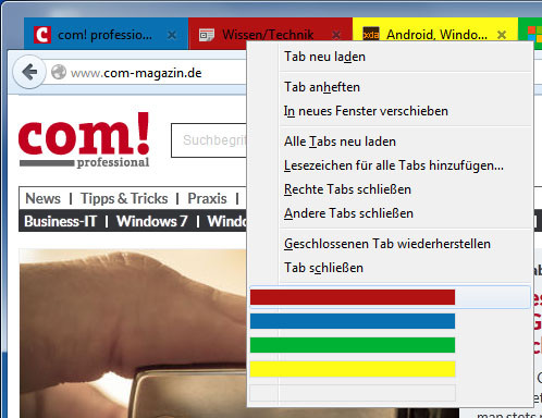 Farbenfrohe Übersicht: Das Firefox-Addon Tab Colors markiert Browser-Tabs farblich, damit diese auch bei vielen offenen Web-Seiten schnell zu finden sind.