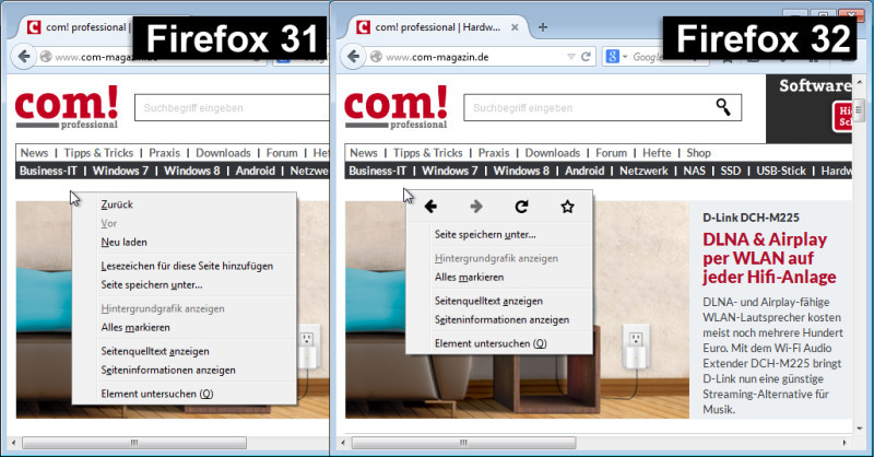 Neues Kontextmenü: Firefox 32 zeigt per Rechtsklick ein kürzeres Kontextmenü, das nun auch die Schaltflächen "Seite zurück", "Seite vor", "Seite neu laden" und "Lesezeichen hinzufügen" enthält.
