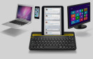 Schnelles Tippen auf jedem Gerät ermöglicht Logitechs neue Tastatur K480. Sie verbindet sich per Bluetooth mit Smartphone, Tablet und Computer und wechselt zwischen ihnen per Drehrad.  