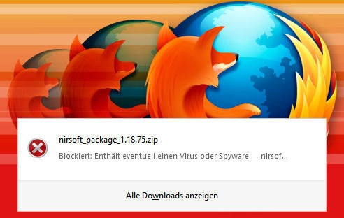 Firefox gleicht ab Version 32 alle Downloads automatisch mit Malware-Datenbank ab. Dadurch lässt sich beispielsweise die beliebte Nirlauncher Tool-Sammlung nicht mehr herunterladen.