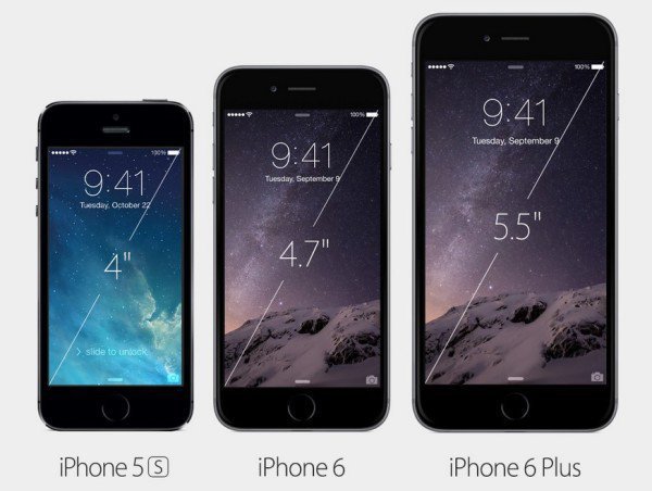 Deutlich größer: Beide iPhone-6-Modelle sind deutlich größer als das Apple iPhone 5S. Das iPhone 6 kommt mit einem 4,7 Zoll großen Bildschirm, das Display des iPhone 6 Plus misst 5,5 Zoll (Bild: Apple).