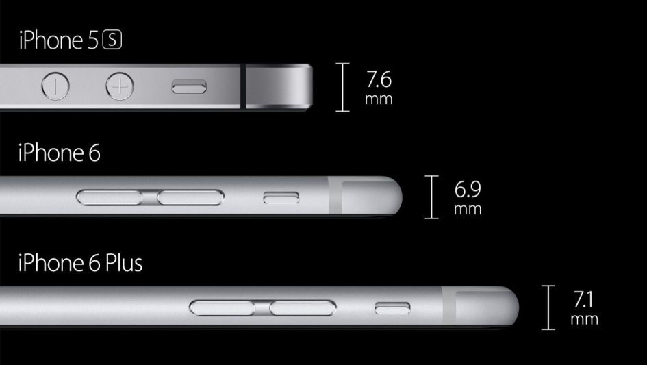 Deutlich flacher: Mit 6,9 Millimetern beim iPhone 6 und 7,1 Millimetern beim iPhone 6 Plus fällt die neue Apple-Generation um einiges flacher aus als das iPhone 5S mit 7,6 Millimetern (Bild: Apple).
