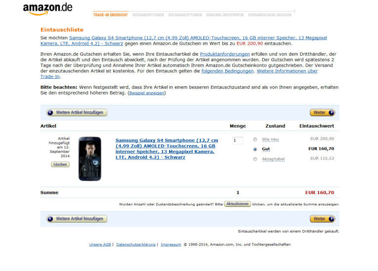 Amazon Trade-In: Ein Samsung Galaxy S4 mit 16 GByte tauscht Amazon im besten Zustand für rund 200 Euro ein. Zum Vergleich: Gebraucht ist der Artikel bei Amazon ab 216 Euro erhältlich.