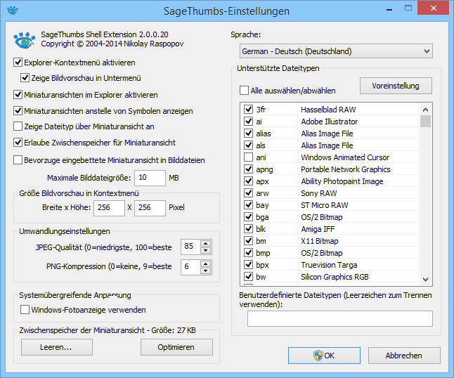 SageThumbs: In den Einstellungen des Tools, finden Sie zahlreiche Optionen zur Anpassung der Bilddarstellung im Windows-Explorer.