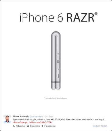 Wozu eine Smartphone-Hülle, fragt sich bestimmt Milos-Radovic. Auf Twitter treibt er den Spaß auf die Spitze und macht das iPhone 6 Plus zum Klapphandy-Clone eines Motorola Razr.