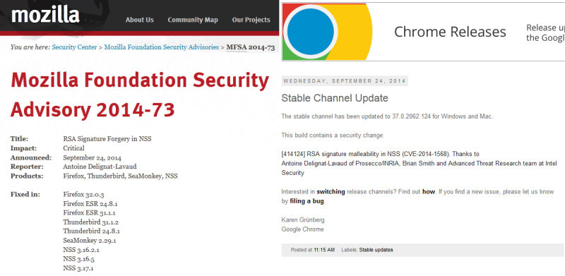Sicherheits-Updates: Fast zeitgleich haben die Browser-Konkurrenten Chrome und Firefox Patches erhalten, um den NSS-Bug zu beheben.