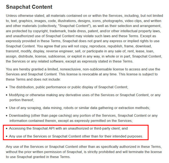 Snapchat-Nutzungsbedingungen: Der Foto-Dienst verbietet grundsätzlich die Nutzung von nicht authorisierten Drittanbieter-Clients und Diensten.