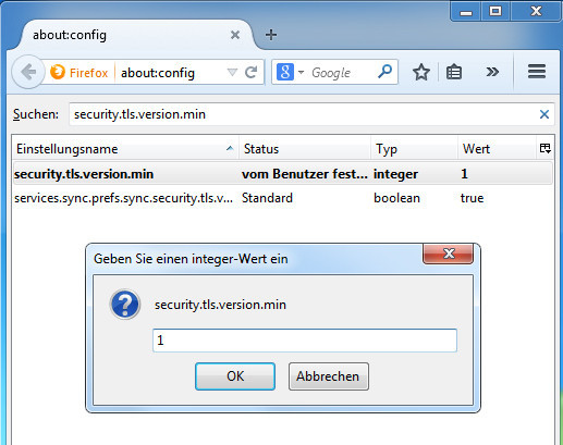 SSL 3.0 in Firefox deaktivieren: Um das unsichere Sicherheitszertifikat zu umgehen, müssen die Sicherheitseinstellungen in der Browser-Kinfiguration geändert werden.