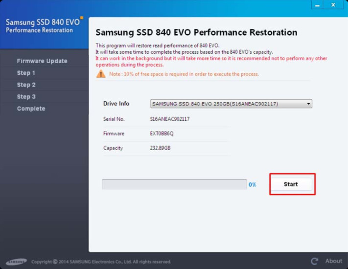 Samsung Performance Restoration: Die Software spielt ein Firmware-Update auf und kalibriert die Daten auf der SSD neu.