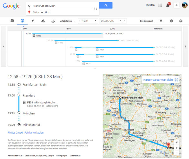 Fernbusreisen auf Google Maps: Der Kartendienst der Kalifornier liefert ab sofort auch Routenvorschläge via Fernbus.