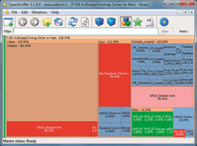Das Tool Spacesniffer zeigt die Speicherbelegung als Treemap an, bei der sich bestimmte Dateitypen farbig hervorheben lassen