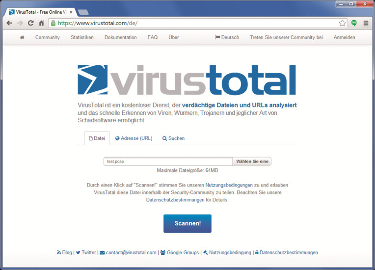 Der Online-Scanner Virus Total analysiert auch Netzwerkmitschnitte eines Sniffers im Dateiformat PCAP