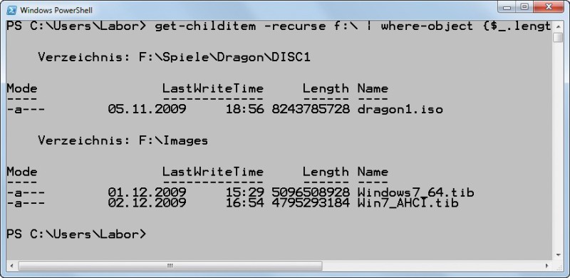 get-childitem: Der Befehl durchsucht das Laufwerk „F:\“ nach Dateien, die größer sind als 4 GByte. Die Funde werden sortiert und absteigend am Bildschirm angezeigt. Ergebnis: Die größte Datei ist „dragon1.iso“ mit über 8 GByte. Danach kommen zwei Backup-D