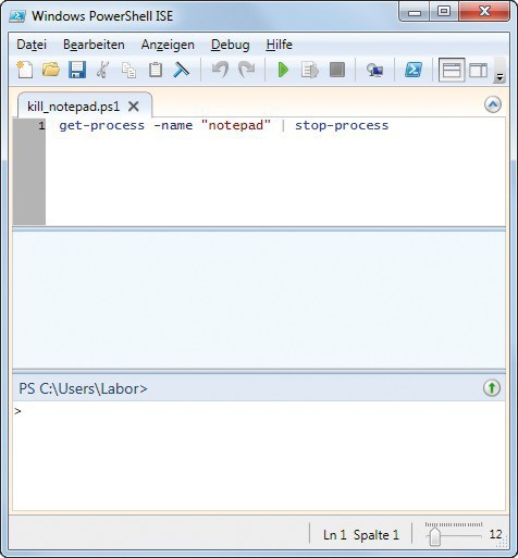 Eigene Powershell-Skripts erstellen: Mit Windows Powershell ISE erstellen Sie eigene Skripts für die Powershell. Das Beispiel zeigt ein Notepad-Killer-Skript.