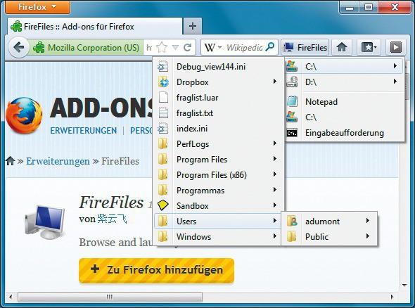 Fire Files: Ein Klick auf den Button „FireFiles“ macht Firefox zum Dateimanager, der Ordner und Dateien anzeigt und Programme ausführt.