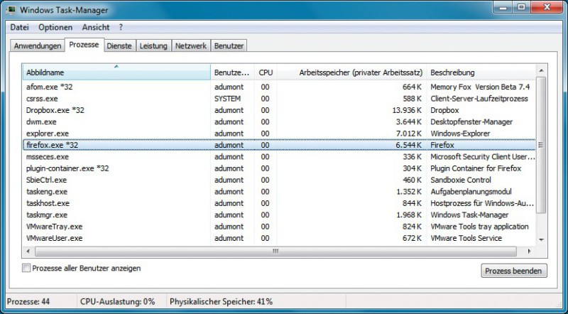Memory Fox: Ein Blick in den Task-Manager zeigt, dass Firefox mit Hilfe des Add-ons deutlich weniger Arbeitsspeicher braucht, in diesem Beispiel 6,5 statt 86 MByte.