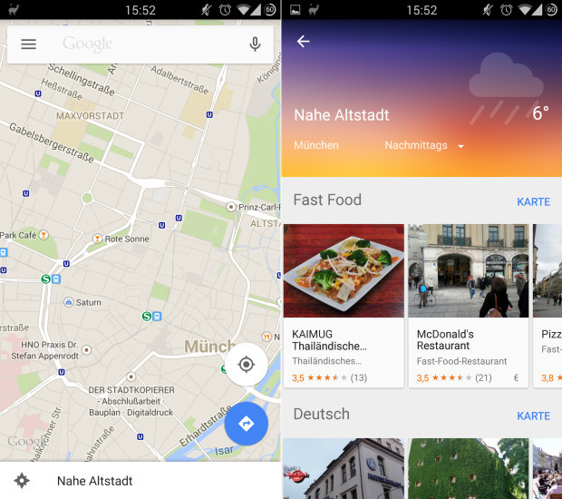 Google Maps 9.0: Die Erkunden-Schaltfläche im unteren Bildschirmrand informiert über Restaurants, Kneipen und Sehenswürdigkeiten in der Nähe.
