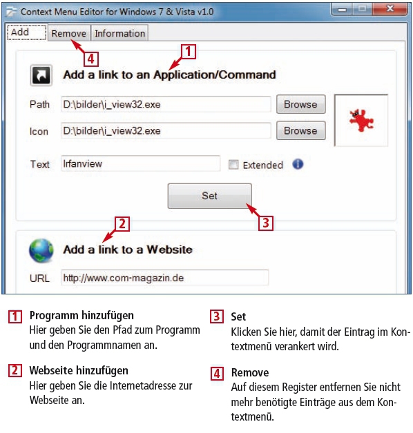 Context Menu Editor 1.0 bindet Ihre Lieblings-Tools und -webseiten in das Kontextmenü des Windows-Desktops und des Windows-Explorers ein (kostenlos, http://binarybuddy.deviantart.com/art/Context- Menu-Editor-v1-0-155571058) (Bild 16).
