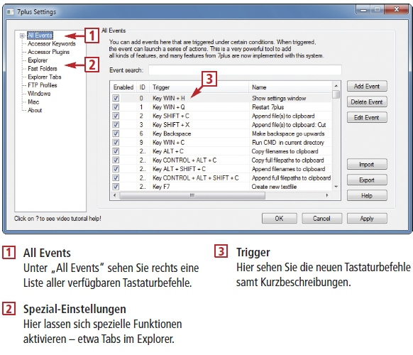 7 Plus stattet Windows mit neuen Tastaturbefehlen aus. Die Funktion „Fast Folders“ legt Bookmarks von Ordnern an, die sich dann mit Zahlentasten öffnen lassen (kostenlos, http://code.google.com/p/7plus und auf ) (Bild 6).