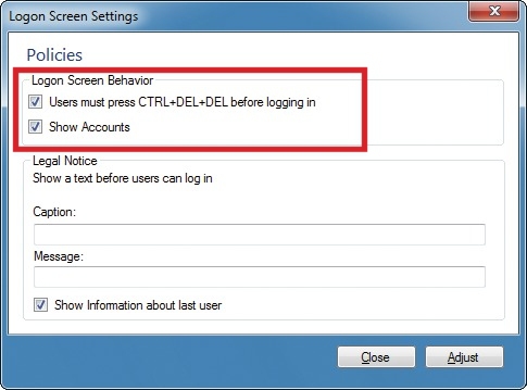 Sichere Windows-Anmeldung: Das Tool Windows 7 Account Screen Editor ändert die Optik des Anmeldebildschirms. Unter „Policies“ lässt sich zudem festlegen, wie sich die Nutzer des Computers anmelden sollen (Bild 13).