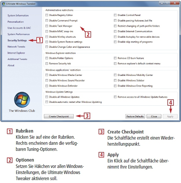 Ultimate Windows Tweaker 2.1 konfiguriert beliebige Windows-7-Rechner vom USB-Stick aus (kostenlos, www.thewindowsclub.com/ultimate-windows-tweaker-v2-a-tweak-ui-for-windows-7-vista) (Bild 4).
