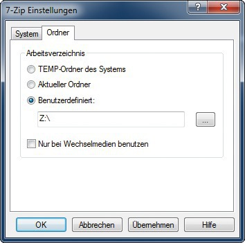 Schneller packen:Wenn Sie das „Temp“-Verzeichnis auf die RAM-Disk verlegen, arbeitet 7-Zip schneller (Bild 7).