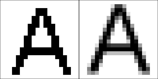 Kantenglättung: Die links zu erkennende Treppchenbildung wird rechts dank Kantenglättung minimiert. Der Buchstabe wirkt glatter (Bild 8).