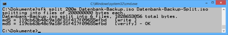 Dateien splitten: Geben Sie den Befehl ein: sfk split <Größe> <Dateiname> <Neuer Dateiname> ein und ersetzen Sie <Größe> durch die Größe der einzelnen Dateiteile, also etwa 200m für 200 MByte.