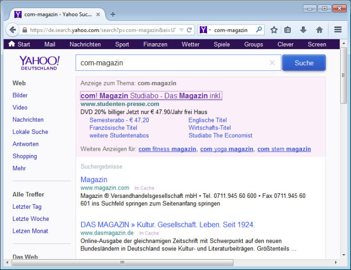 Yahoo statt Google: Durch die Partnerschaft mit Yahoo, wird deren Suche in Firefox als Standard-Suchmaschine hinterlegt.