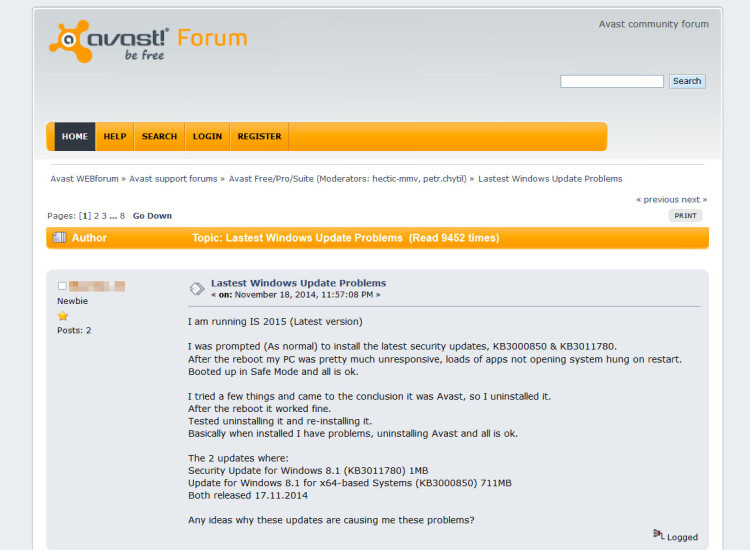 Windows reagiert nicht: Im Avast-Forum meldeten mehrere Nutzer, dass Windows nach dem Update KB3000850 nicht mehr zusammen mit Avast Antivirus funktioniert.