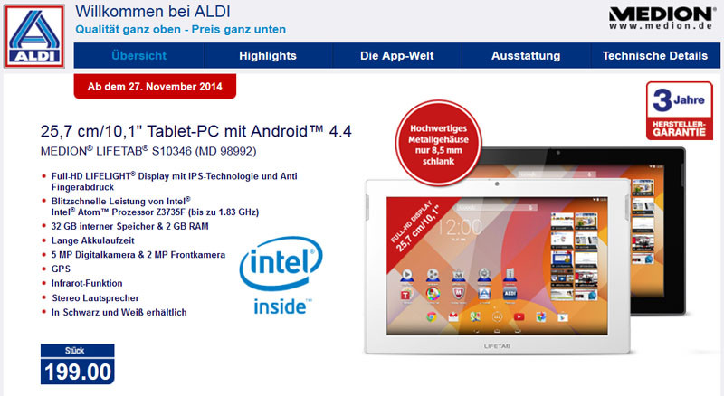 Aldi-Angebot: Ab 4. Dezember verkauft Medion sein Lifetab S10346 mit Android 4.4 und 3 Jahren Garantie bei Aldi Süd.