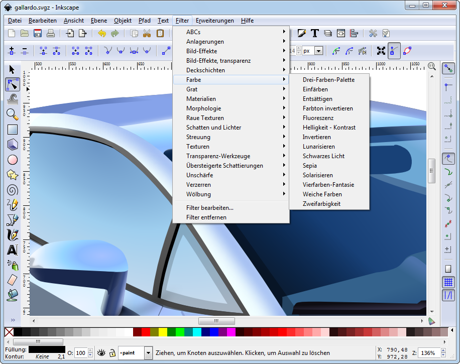 Inkscape verwendet das Dateiformat SVG (Scalable Vector Graphics). Importieren lassen sich aber auch Postscript, EPS, JPEG, PNG und TIFF. Die Exportfunktion beherrscht PNG-Bilder und verschiedene vektorbasierte Formate.
