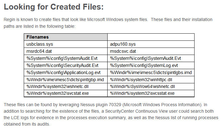 Anzeichen einer Regin-Infektion: Laut dem Forum von Tenable Network Security, erstellt Regin Dateien, die wie Systemdateien von Windows aussehen.