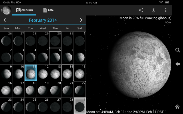 Mondphase Pro - Die App zeigt für jedes Datum und Standort die Mondphase, den Winkel der Mondsichel, die Aufgangs- und Untergangszeiten sowie die nächsten Syzygien an, inklusive einer interkativen 3D-Simulation. Erforderliche Android-Version: 2.1 oder höh