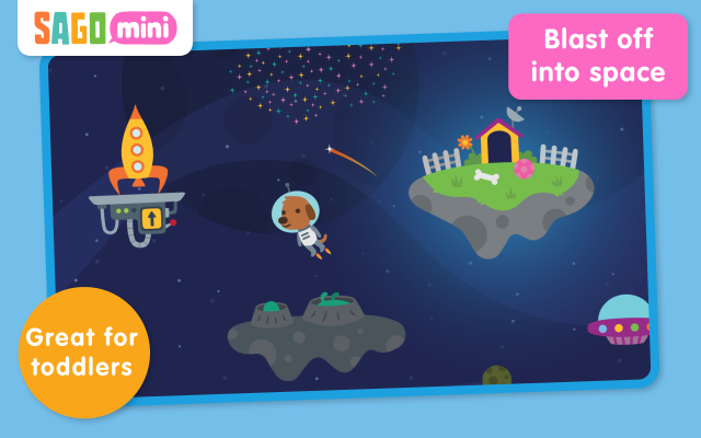 Sago Mini Space Explorer - In diesem Spiel fliegen Kinder mit dem Hund Harvey durch das All, spielen zwischen Sternen und Planeten und finden dabei neue Freunde und Überraschungen. Erforderliche Android-Version: Android 4.0.