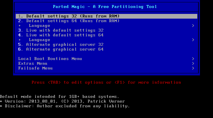 Boot-Menü: Übernehmen Sie hier die Voreinstellung „Default settings 32 (Runs from RAM)“. Damit startet Parted Magic auf den meisten Computern