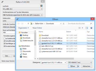 Rufus unterstützt alle Live-Systeme auf Basis des Bootloaders Isolinux und auf Basis des Mini-Windows WinPE. Die Instalation erfolgt über ein CD-Abbild im ISO-Format.