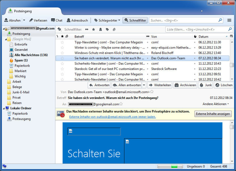 E-Mail Client: Thunderbird blockiert standardmäßig externe Grafiken aus E-Mails und warnt mitunter vor vermeindlichen Pishing-Versuchen.