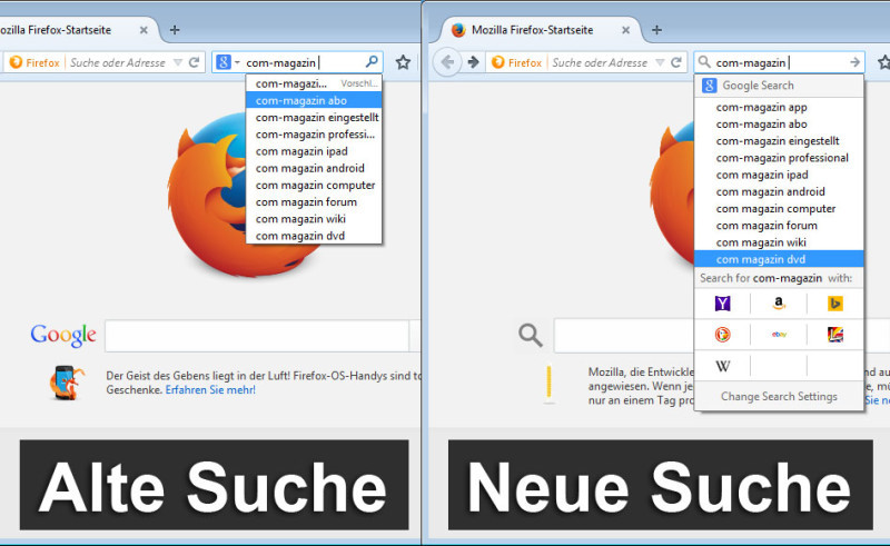 Neue Suche im Firefox: In Version 34 lässt sich die neue Suche im Firefox-Browser freischalten.