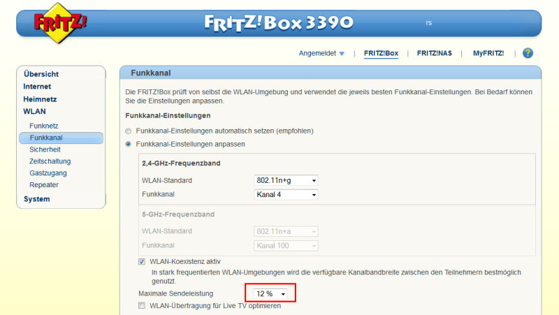 WLAN-Strahlung reduzieren: In den WLAN-Einstellungen unter "Funkkanal" stellen Nutzer die maximale Sendeleistung ihrer Fritzbox ein.