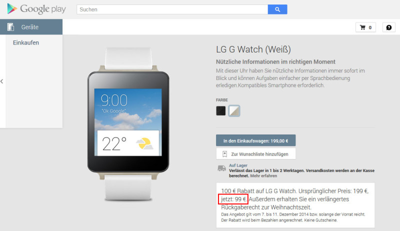 LG G Watch für 99 Euro: Im Google Play Store ist die Smartwatch von LG derzeit im Angebot.
