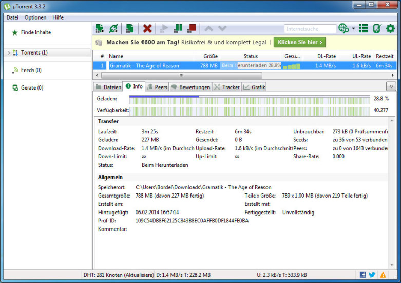 Filesharing: Mit einem BitTorrent-Client wie µTorrent lassen sich Dateien über das Filesharing-Protokoll BitTorrent im Internet teilen.