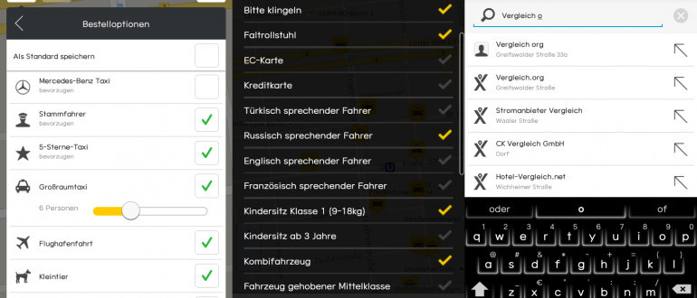 Suchfunktionen: Neben Start- und Zielort bieten mytaxi und taxi.eu zahlreiche weitere Buchungsoptionen, bei Taxi Deutschland müssen Extra-Wünsche über ein Textfeld eingegeben werden. 