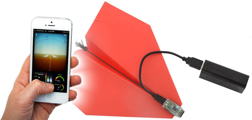 PowerUp 3.0 - Diese Antriebseinheit für gefaltete Papierflugzeuge lässt sich mit dem Lagesensor eines Apple-Smartphones steuern. Die passende App zeigt dabei auf dem iPhone-Bildschirm einen künstlichen Horizont mit Kompass und die Reichweite.