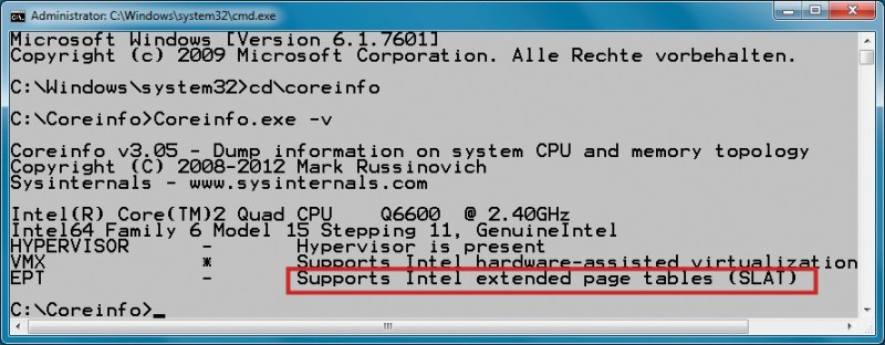 Prozessorinformationen: Coreinfo zeigt Ihnen an, ob Ihr Prozessor SLAT beherrscht. Die hier getestete Core2-Quad-CPU unterstützt kein SLAT — erkennbar an dem Minuszeichen.