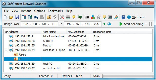 Netzwerkteilnehmer: Ein IP-Scan zeigt alle Netzwerkgeräte und die Freigaben des eigenen PCs an.