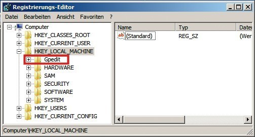 Registry manipulieren: Hängen Sie einen Teil der Registry Ihres Windows unter der Bezeichnung „Gpedit“ ein und importieren Sie die Einträge der Datei „Gpedit.reg“.