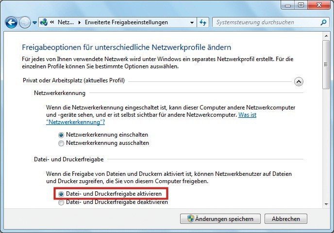 Windows-Freigabe aktivieren: Damit Sie Ihren Drucker im Netz freigeben können, müssen Sie hier unter Windows erst die Datei- und Druckerfreigabe aktivieren.